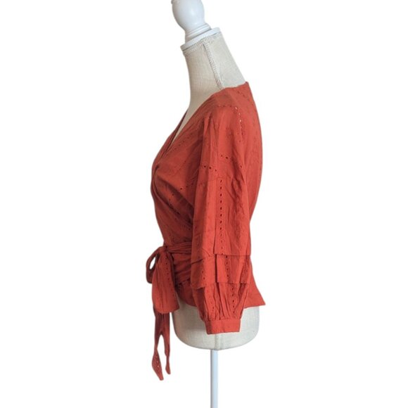Forever 21 Women's Size S Rust Orange Eyelet Cotton Puff Sleeve Wrap Blouse Top - Picture 3 of 6